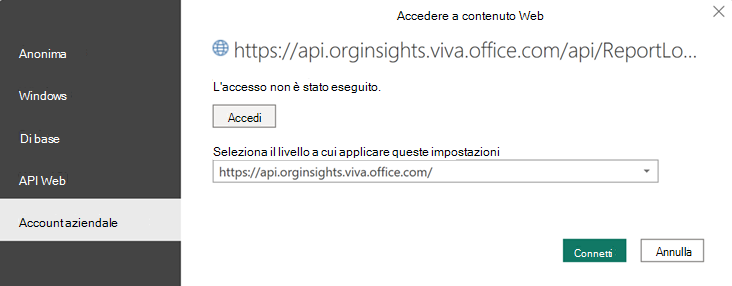 Screenshot che mostra l'accesso a Power BI nella scheda Account aziendale.