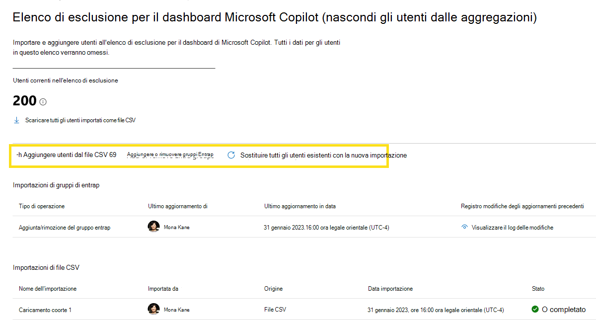 Screenshot che mostra come caricare gli utenti con la funzionalità dell'elenco di esclusione.