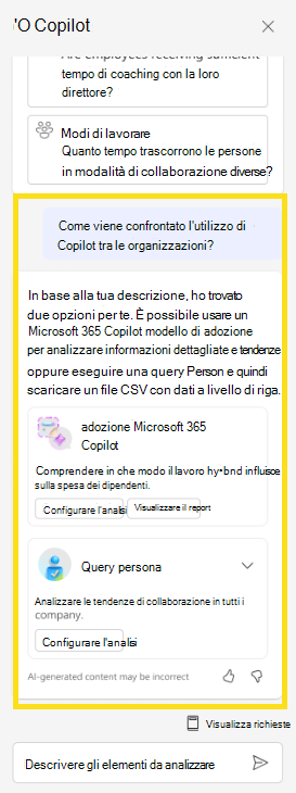 Screenshot che mostra come Copilot può suggerire query in base alla domanda.