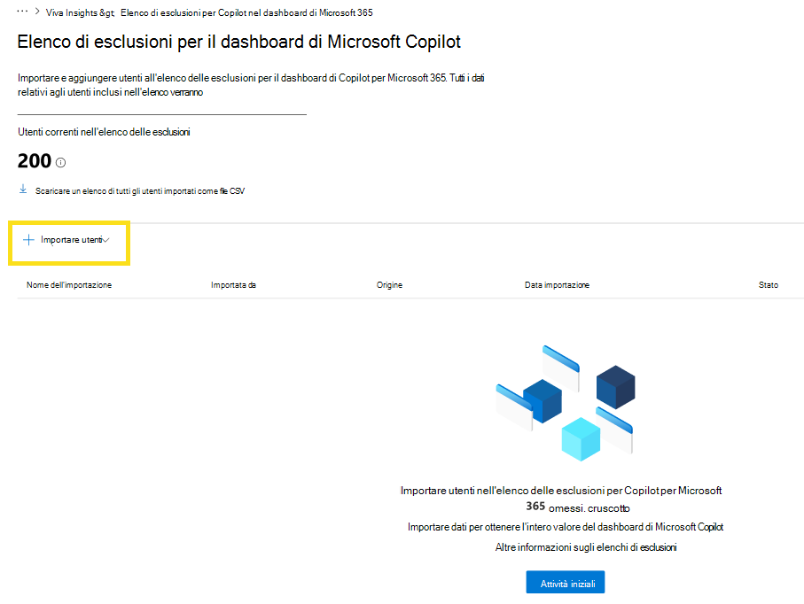 Screenshot che mostra come importare gli utenti con la funzionalità dell'elenco di esclusione.