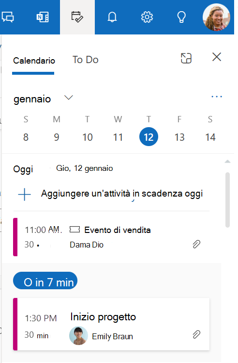 Screenshot della scheda My Day in Outlook.