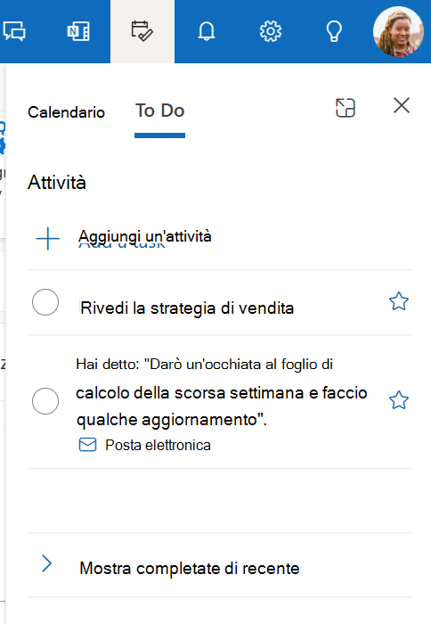 Screenshot della scheda Attività del riquadro My Day in Outlook.