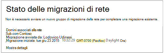 Screenshot che mostra lo stato delle migrazioni di rete; La migrazione di rete Viva Engage è in esecuzione.