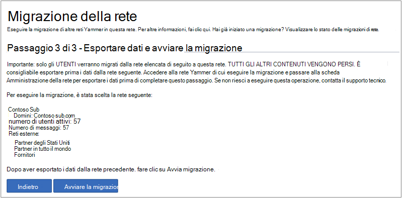 Screenshot del passaggio 3 di 3 - Esportare dati & Avviare la migrazione.