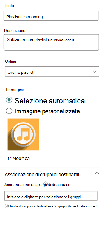 Screenshot del riquadro delle proprietà della playlist Stream che mostra le opzioni di personalizzazione della playlist.