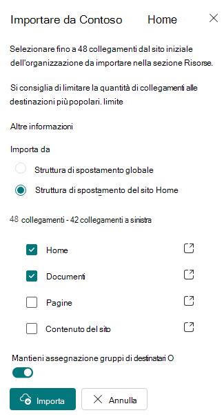 Screenshot del pannello Importa proprietà.