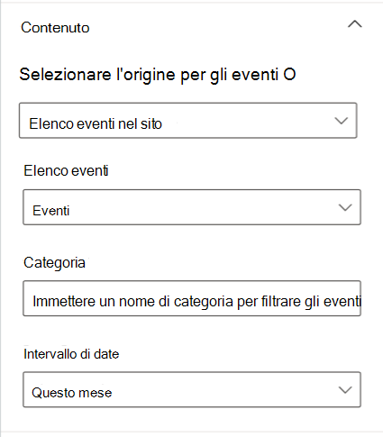 Screenshot della sezione del contenuto nel riquadro Delle proprietà della scheda Eventi.