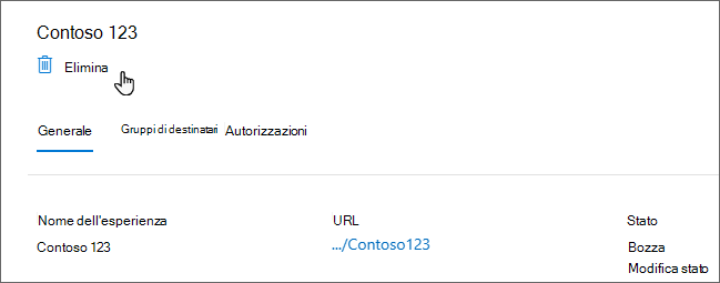 Screenshot della schermata in cui è possibile eliminare un'esperienza di Viva Connections.