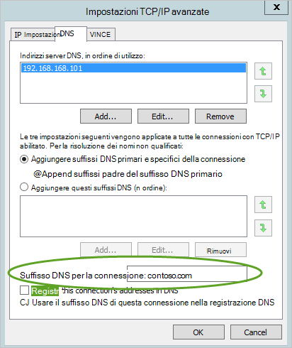 Configurare il suffisso DNS nelle impostazioni TCP/IP avanzate.