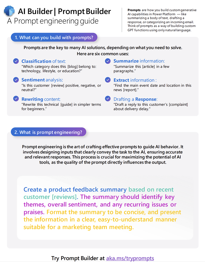 Screenshot della guida al prompt engineering di AI Builder.