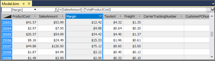 Screenshot di Progettazione modelli con la colonna Margin evidenziata.