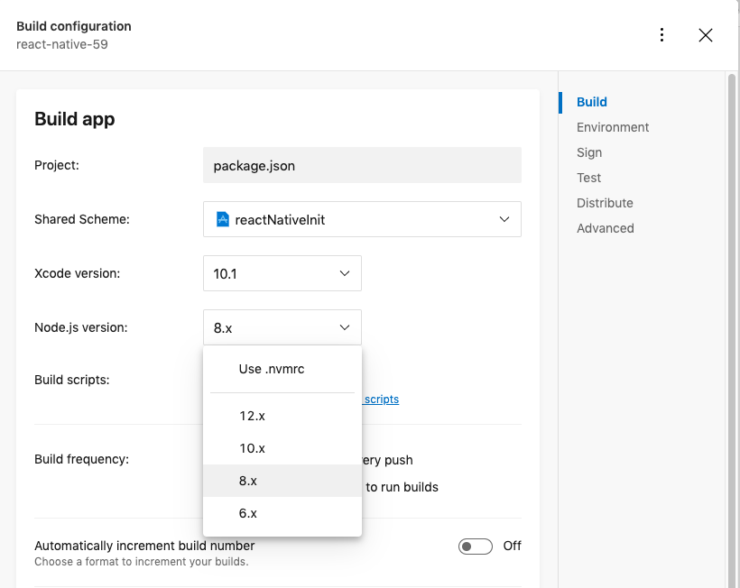 Selezionare Node.js versione nella configurazione del ramo dell'app