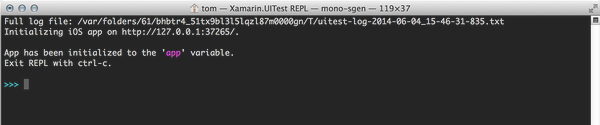 Screenshot del terminale macOS che esegue il REPL Xamarin.UITest