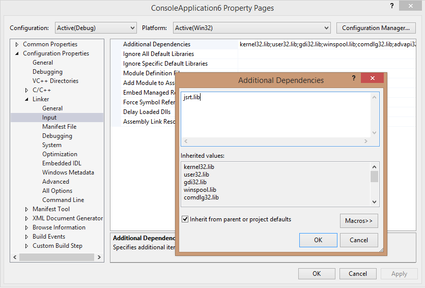 Adding jsrt.lib as a linker input file