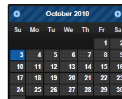 Screenshot che mostra un calendario di ottobre 2010 nel tema Dot-Luv.