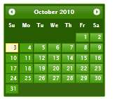 Screenshot che mostra un calendario di ottobre 2010 nel tema Le-Frog.