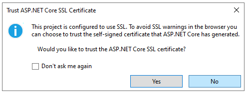 Questo progetto è configurato per l'uso di SSL. Per evitare avvisi SSL nel browser, è possibile scegliere di considerare attendibile il certificato autofirmato generato da IIS Express. Considerare attendibile il certificato SSL di IIS Express?