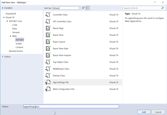 Aggiungere Il codice JSON di AppSettings