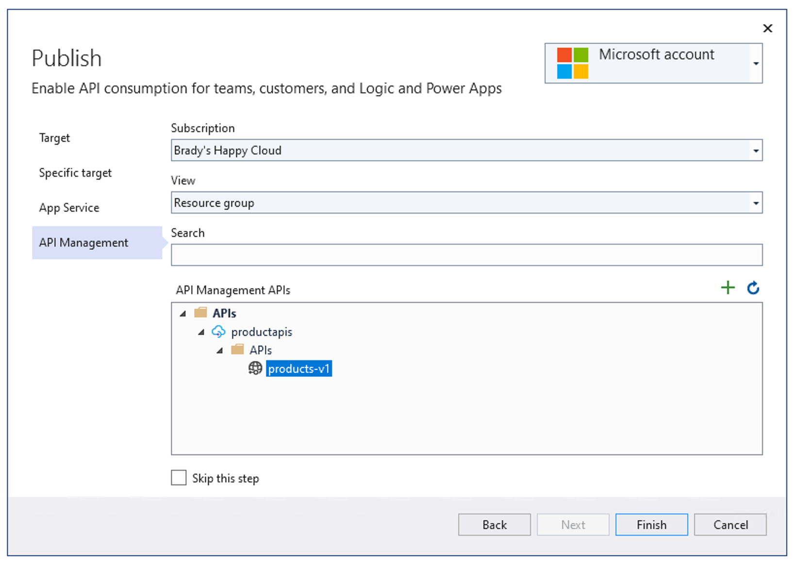 Pubblicazione di Visual Studio Gestione API importare Visual Studio