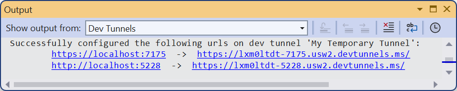Finestra di output di Dev Tunnels.
