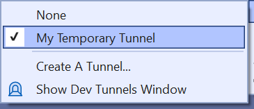 Riquadro a comparsa Debug Dev Tunnels con il nuovo tunnel.