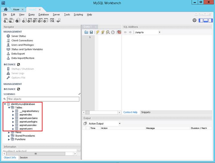 Screenshot della finestra di dialogo strumento My S Q L Workbench. Le tabelle di identità P punto S create nel database Identity My Q L vengono evidenziate in basso a sinistra.