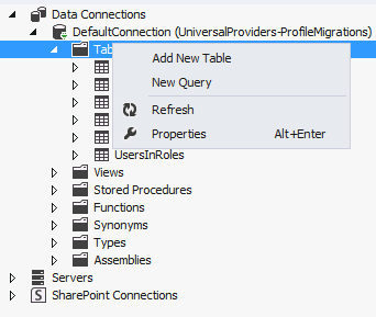 Screenshot dell'aggiornamento dello schema nel database Identity selezionando Nuova query.