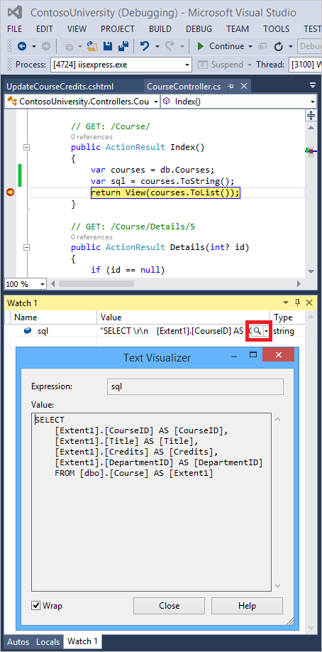 Screenshot che mostra il controller del corso con una riga di codice evidenziata. Un altro screenshot che mostra il visualizzatore di testo aperto e una lente di ingrandimento è cerchiata in rosso nel campo Valore.