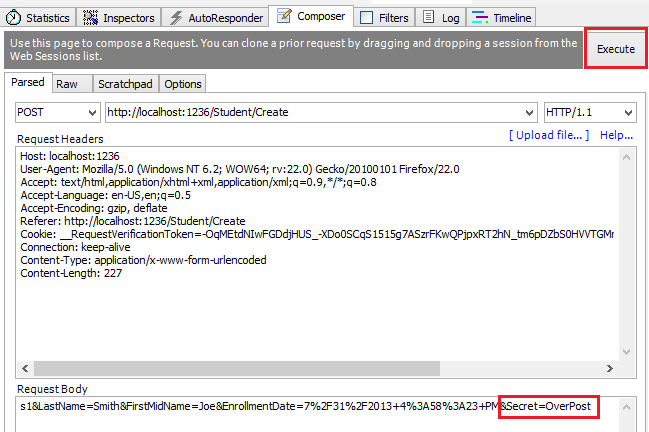 Screenshot che mostra la scheda Composer. Nell'angolo in alto a destra, Execute è cerchiato in rosso. Nell'angolo in basso a destra, Secret equals Over Post è cerchiato in rosso.