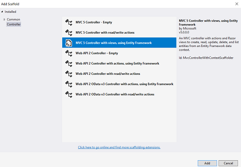 Screenshot che mostra la finestra di dialogo Aggiungi scaffolding. È selezionato il controller M V C 5 con visualizzazioni, usando Entity Framework.