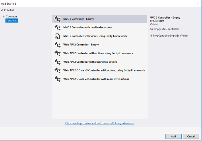 Screenshot che mostra la finestra di dialogo Aggiungi scaffolding. È selezionata l'opzione Controller M V C 5 Vuota.