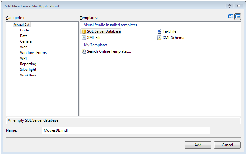 Aggiunta di un nuovo database SQL Server