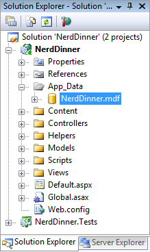 Screenshot dell'albero di spostamento Esplora soluzioni. Nerd Dinner dot m d f è evidenziato e selezionato.