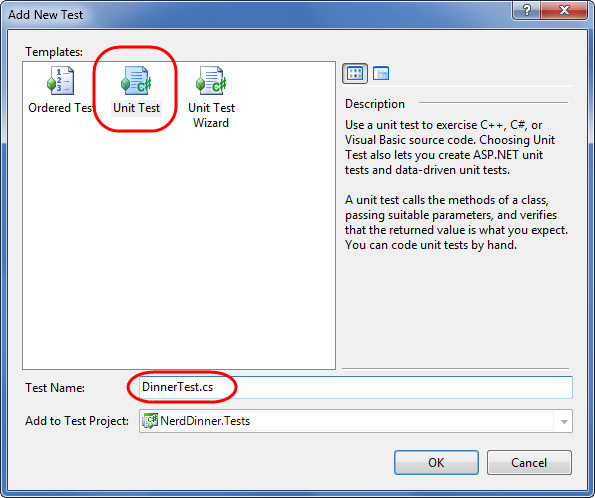 Screenshot della finestra di dialogo Aggiungi nuovo test. Unit Test è evidenziato. Dinner Test dot c s viene scritto come Nome test.