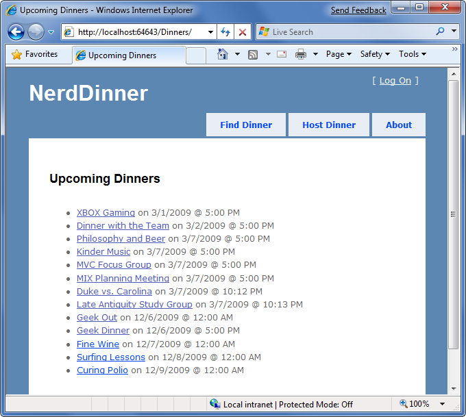 Screenshot della pagina Elenco cena imminente nerd.