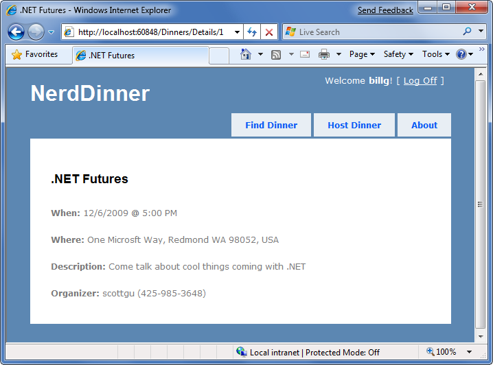 Screenshot della pagina Web Nerd Dinner con i dettagli sulla cena.