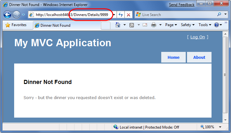 Screenshot della finestra My MVC Application (Applicazione MVC personale) con /Dinners/Details / 9999 U R L nella casella degli indirizzi in rosso.