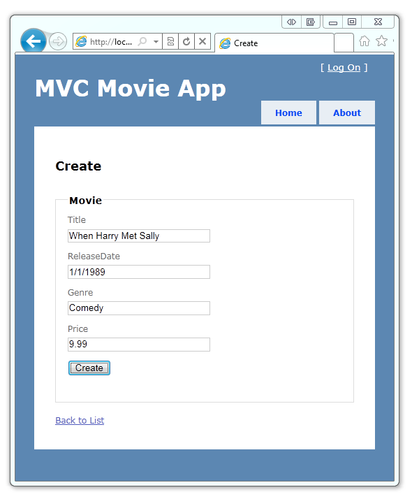 Screenshot che mostra la finestra del browser M V C Movie App nella pagina Crea.