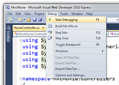 Screenshot del menu Debug per selezionare Avvia debug.