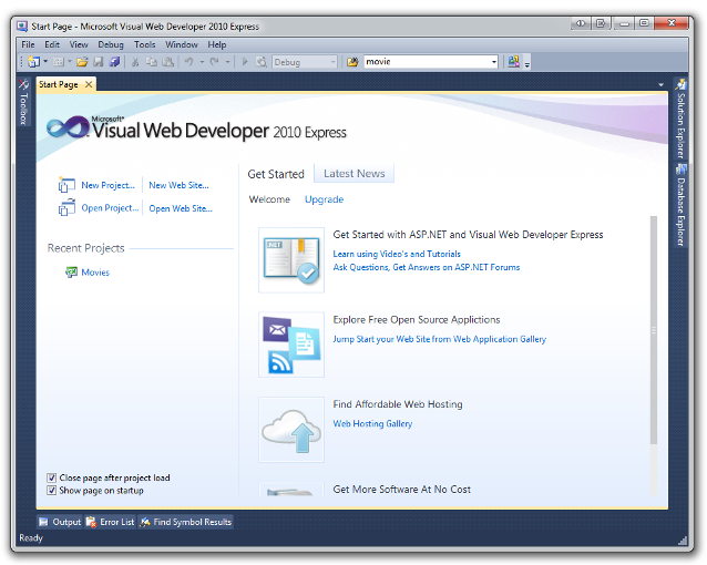 Screenshot che mostra la pagina iniziale di Microsoft Visual Web Developer.