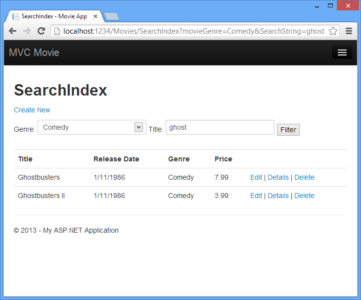 Screenshot che mostra la pagina M V C Movie Search Index.