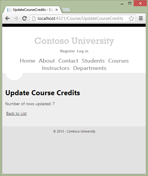 Screenshot che mostra la pagina interessata dalle righe Crediti corso di aggiornamento contoso University.