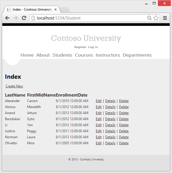 Pagina Indice degli studenti