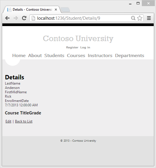 Screenshot che mostra la pagina Dettagli studenti Contoso University.