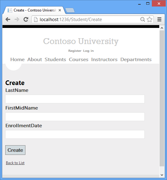 Screenshot che mostra la pagina Contoso University Student Create .