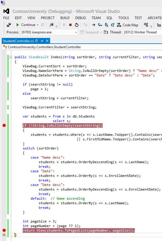 Screenshot che mostra il codice Student Controller. Vengono evidenziate una riga di codice della stringa di ricerca e la riga Elenco a paging del codice.