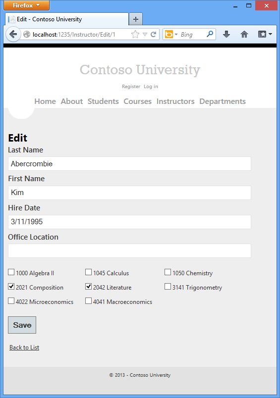 Screenshot che mostra la pagina Instructor Edit con i corsi.