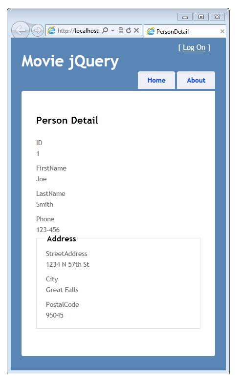 Screenshot della finestra Movie jQuery che mostra la visualizzazione Dettagli persona con una nuova casella Indirizzo intorno ai campi Indirizzo, Città e Codice postale.