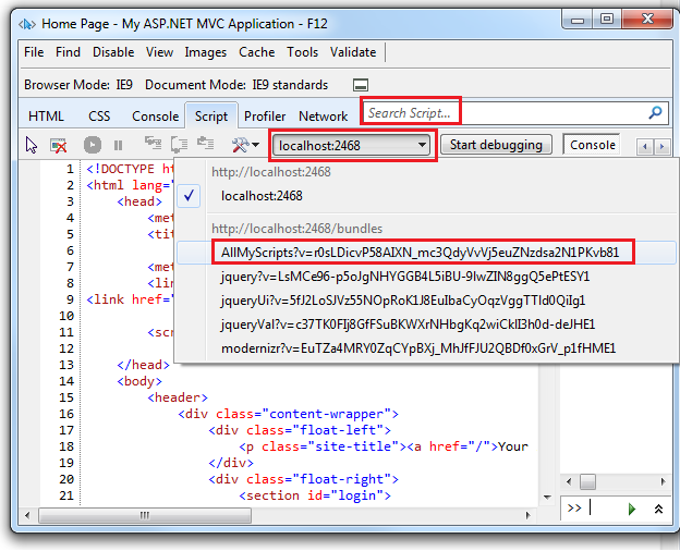 Screenshot che mostra la scheda Script dello strumento di sviluppo I E F 12. La casella di input Search Script, un bundle e una funzione Java Script sono evidenziate.