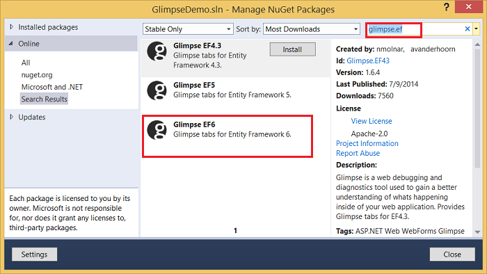 Glimpse.EF da NuGet install dlg